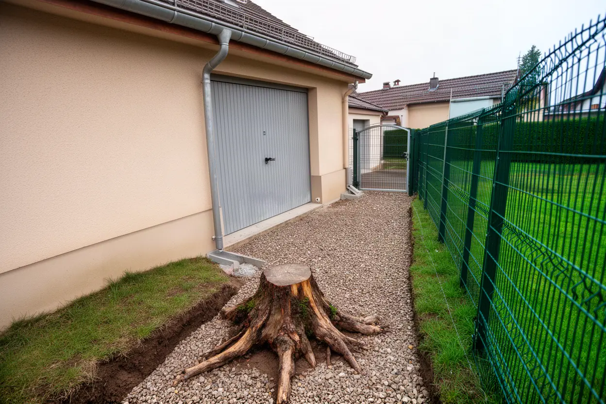 Souche de conifère gênant un passage à Kingersheim
