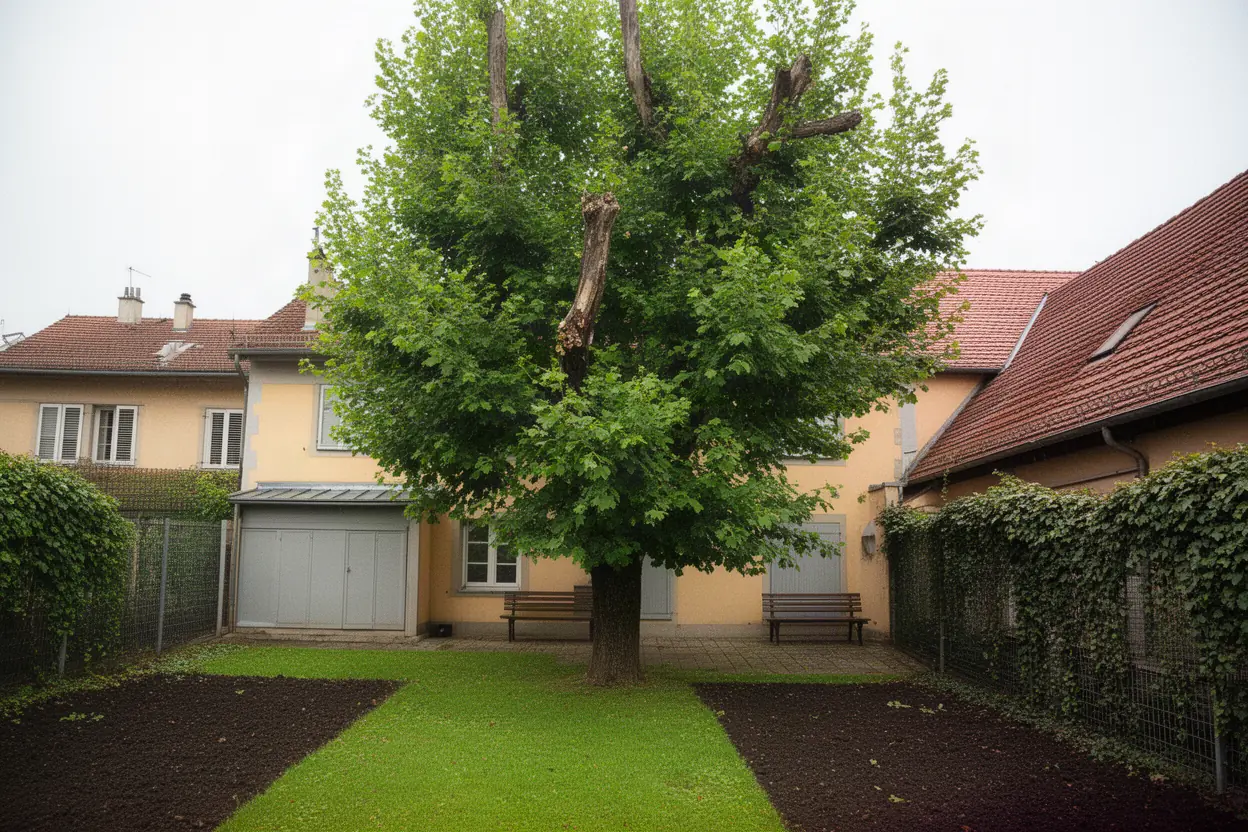 Tilleul dense avant taille dans une cour à Mulhouse