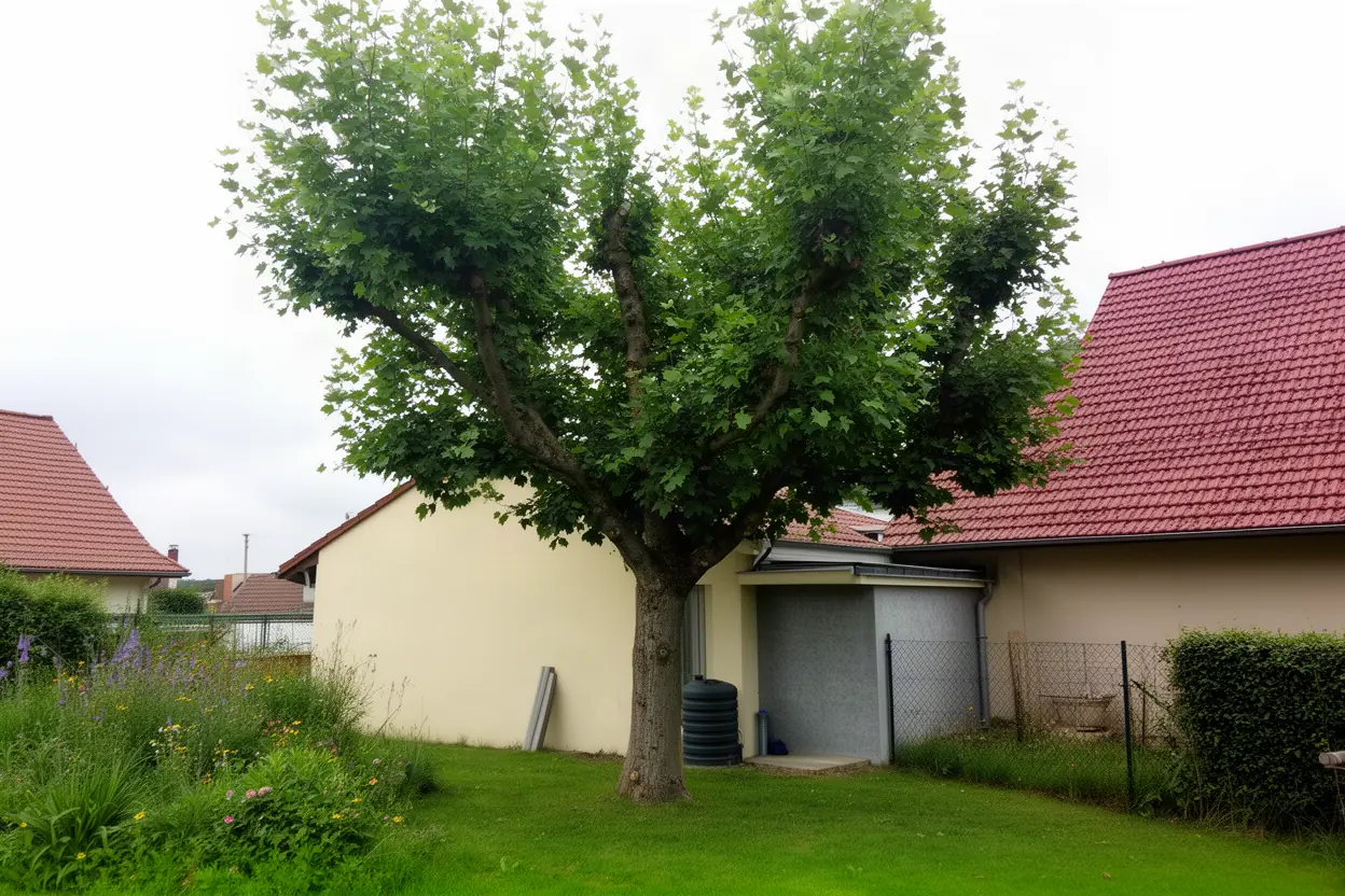 Tilleul débordant sur une toiture à Riedisheim avant taille