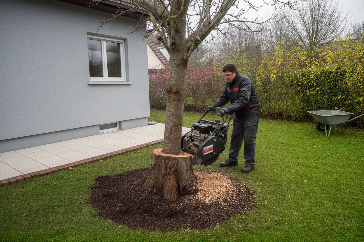 Rogneuse supprimant une souche dans un jardin de Mulhouse