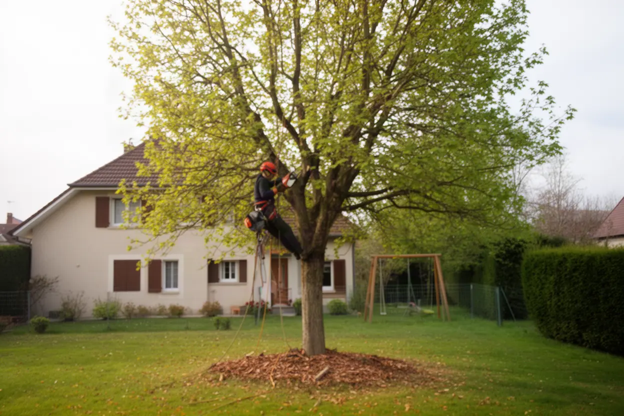 Élagueur taillant un arbre adulte dans un jardin à Mulhouse