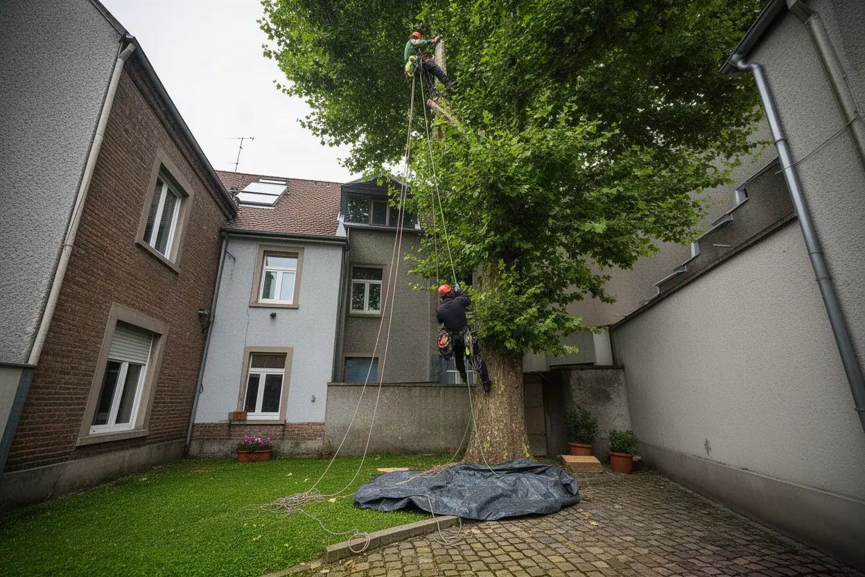Élagueur grimpeur travaillant sur les coteaux de Riedisheim