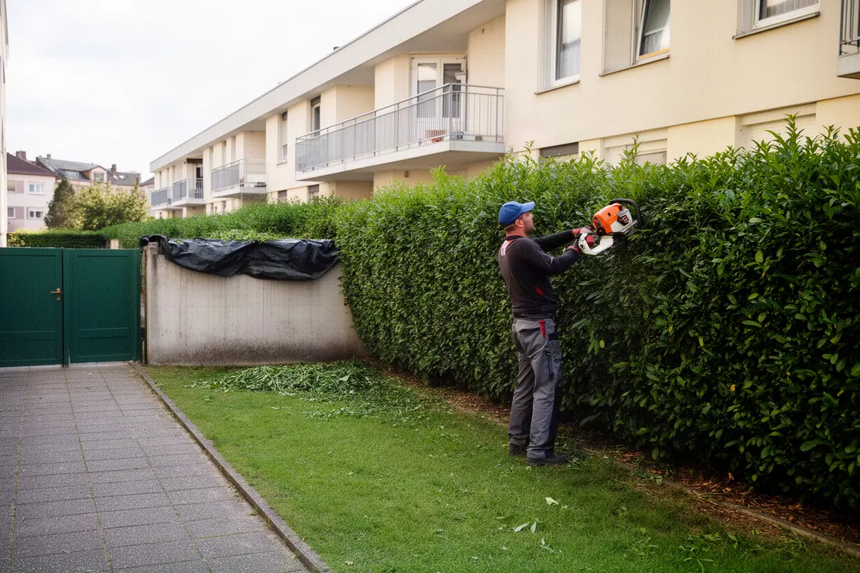 Jardinier taillant une haie résidentielle à Riedisheim